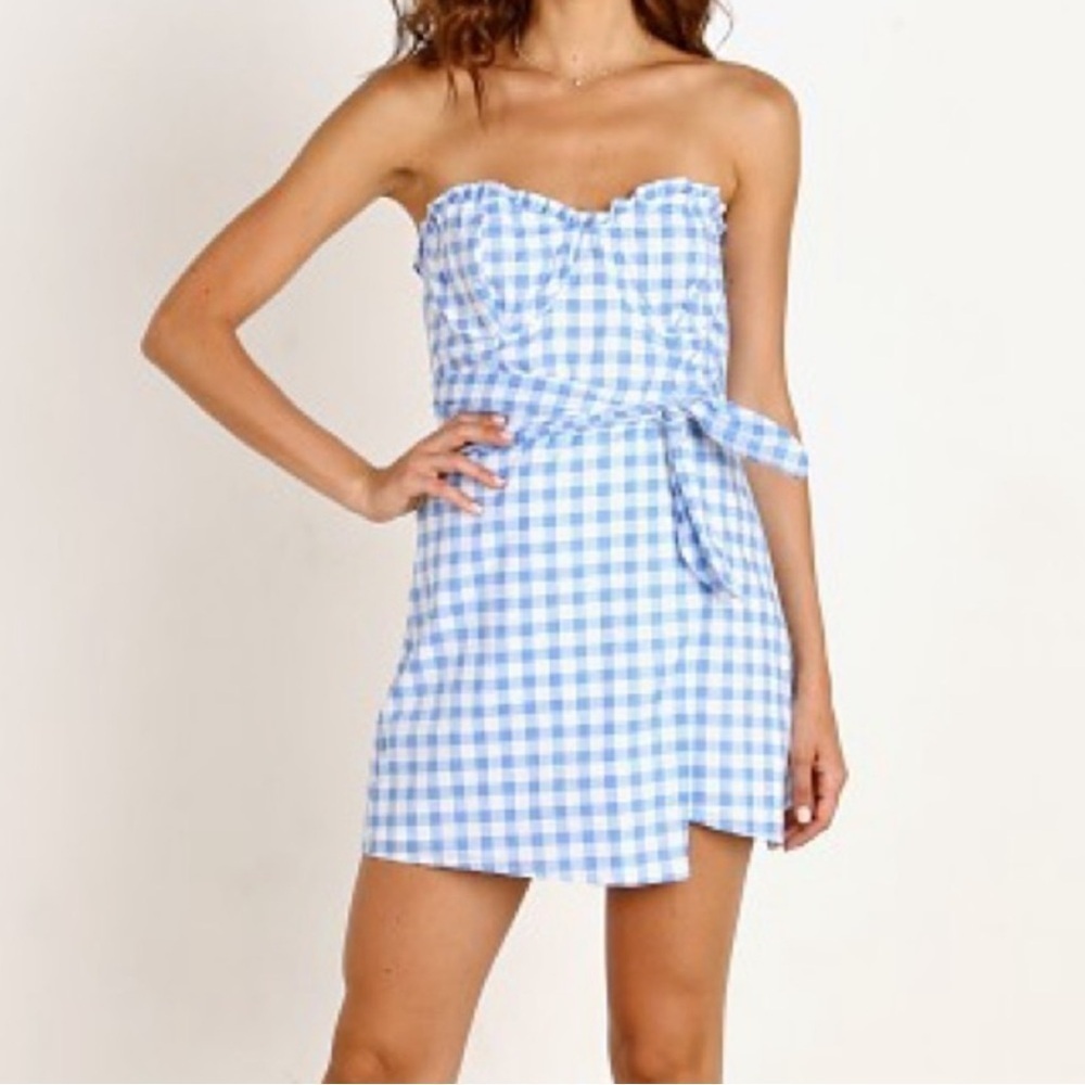 For Love and Lemons Blue and White Gingam Check Mini Dress sz L